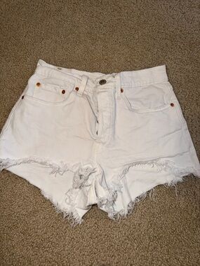 Levi's White High-Rise Frayed Denim Shorts